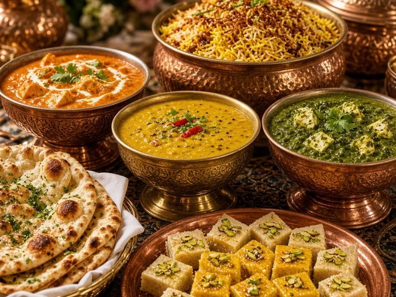 Copper bowls of curries with breads and rice laid out on a table