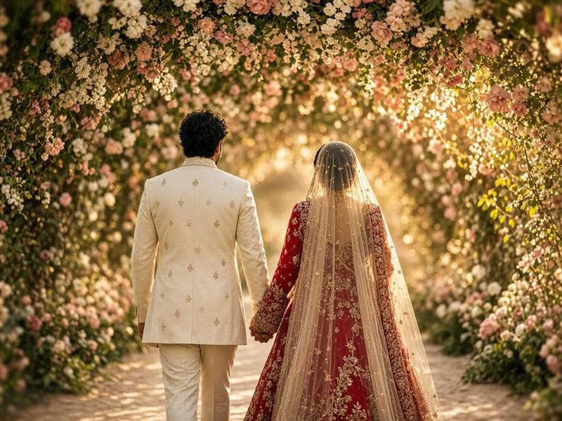 Bride and groom walking hand in hand through a garden lit with fairy lights
