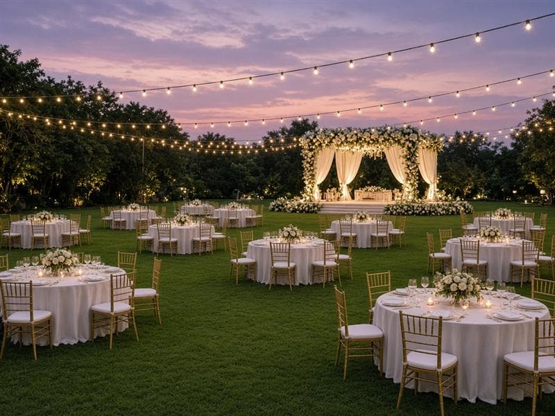 Round dinner tables on a lawn under string lights at dusk